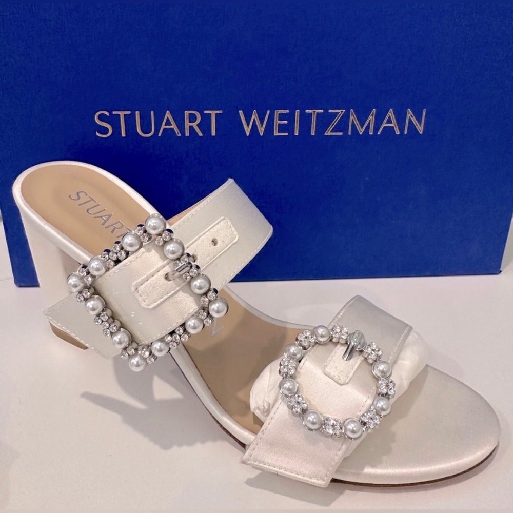 NWT Stuart Weitzman Ivory Pearl & Crystal Buckle Slide Mules